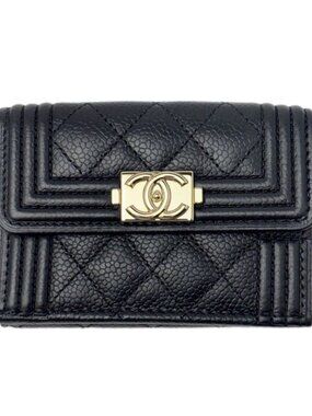 Chanel Wallet Trifold Voice Quilted Caviar Leather Small Black Champagne Gold